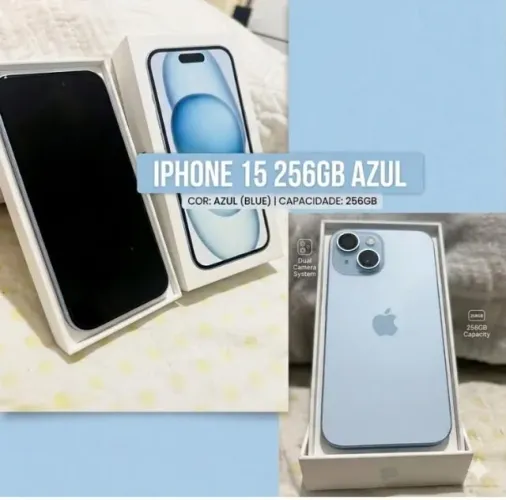 iPhone 15 de 256GB na cor Azul (A3090), seminovo em perfeito estado com carregador origina