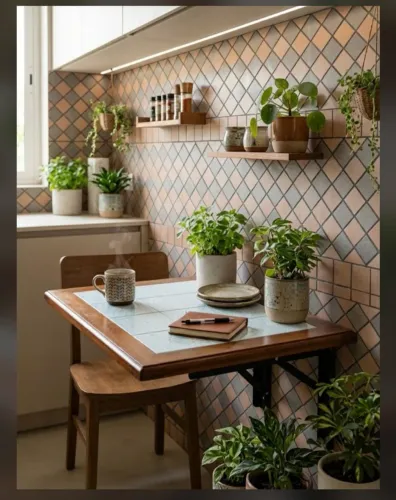 Mesa Dobrável de Parede Retrô 100x60cm - Tampo em Madeira e Azulejos