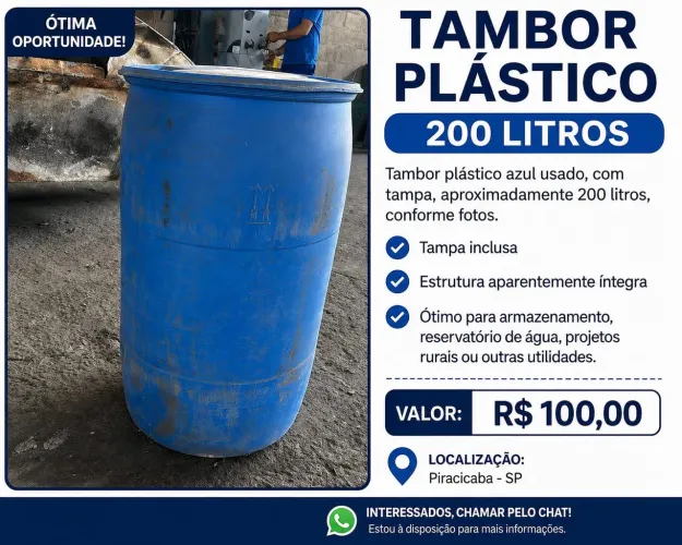 TAMBOR PLÁSTICO 200 LITROS - azul, usado, resistente, com tampa inclusa.