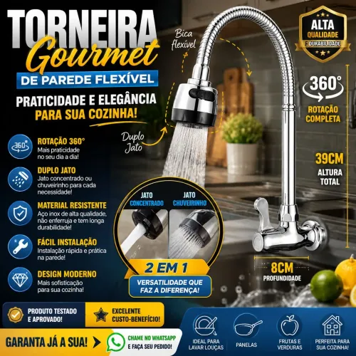 TORNEIRA GOURMET DE PAREDE FLEXÍVEL 360° - QUALIDADE, PRATICIDADE E ELEGÂNCIA!