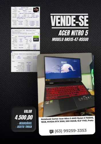 NOTEBOOK ACER NITRO 5 - RYZEN 7000 + DDR5 - ACEITO PLACA DE VIDEO NO NEGÓCIO 