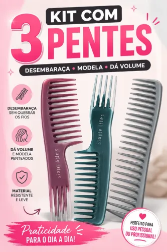 Kit com 3 Pentes para Cabelo - Desembaraçar e Dar Volume