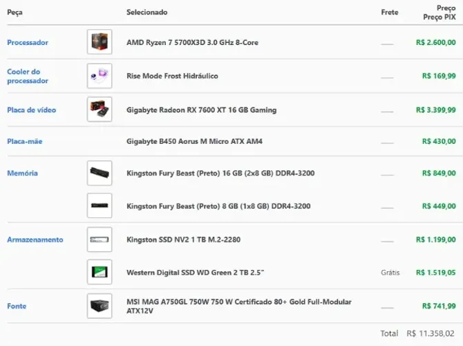 PC Gamer CPU AMD Ryzen 7 5700X3D, GPU AMD Radeon RX 7600 XT 16GB, Memória RAM 24GB (3x8GB)