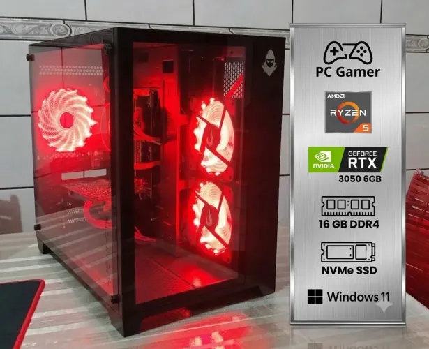 Pc Gamer Ryzen 5, RTX 3050 6gb Gddr6 NVidia, SSD NVme, 16GB DDR4, Gabinete Gamer