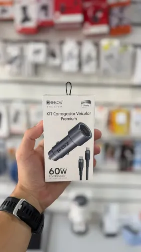 KIT CARREGADOR VEICULAR PREMIUM HREBOS - 60W