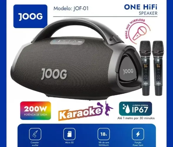 Caixa de Som Joog One HiFi c/200W + 2 Mic + CR +IP67, Bluetooth, Novíss, NF e Garantia