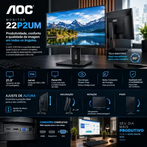 MONITOR AOC 22P2UM 21.5 POL FHD AJUSTE DE ALTURA HDMI DISPLAYPORT VGA