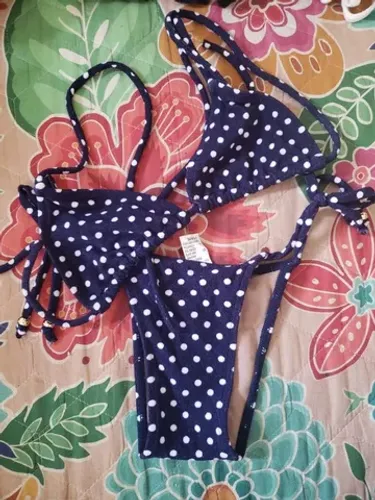 Biquini azul de bolinhas brancas Água Doce - Tamanho P/PP