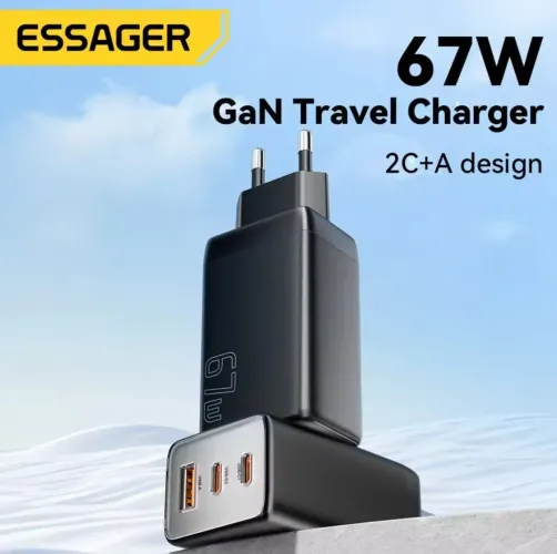 KIT Carregador Essager 67w Gan Turbo + 2 cabos USB C - Carga Rápida 