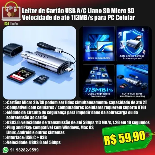 Leitor de Cartão Llano USB C/A Micro SD / SD USB 3.0 Compatível com PC Celular Tablet Etc