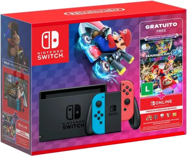 LACRADO - Nintendo Switch Azul Vermelho +  Mario Kart 8 Deluxe + 3 Meses de Nintendo