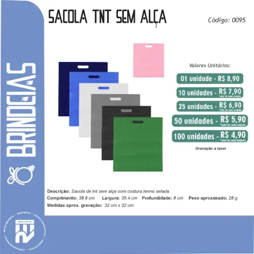 Sacola de TNT sem alça personalizada - Brindes exclusivos da Brindeias 38x35cm