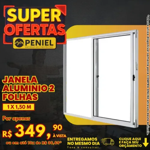 Janela Alumínio 2 folhas 1 x 1,50 m