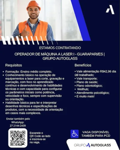 OPORTUNIDADE: Operador de Máquina a Laser I - Guarapari/ES