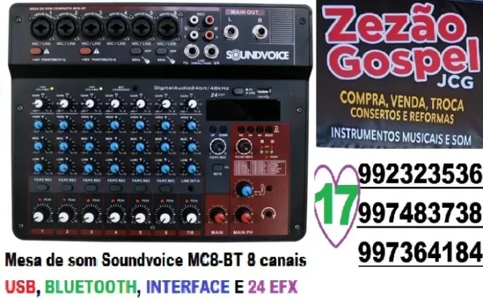 Mesa de som Soundvoice MC8-BT 8 canais USB, bluetooth, interface e 24 EFX