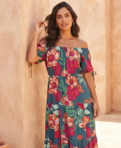 Vestido Verde Floral Em Viscose. Tamanho G