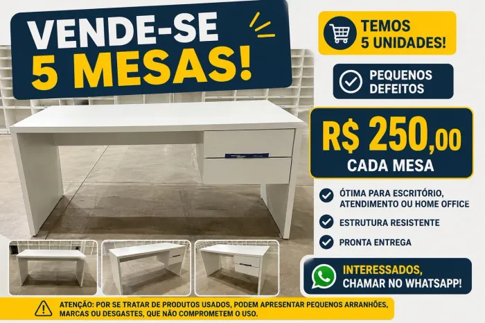 Mesa de Escritório Branca com Gavetas - Seminova - R$ 250,00