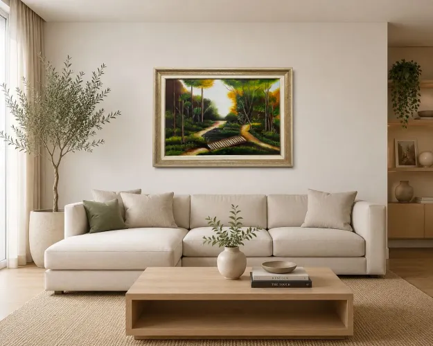 Quadro Decorativo Pintado à Mão com Paisagem Natural e Moldura