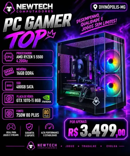 PC Gamer Ryzen 5 5500 4.20Ghz / Mem. 16Gb / SSD 480Gb / GTX 1070Ti 8Gb (aceito cartão)