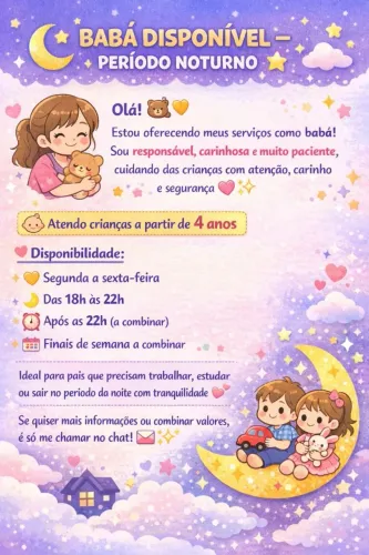 Babá Carinhosa e Responsável | Período Noturno +4 anos