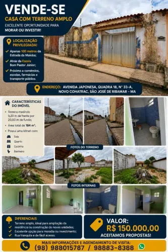 VENDO CASA COM TERRENO AMPLO - NOVO COHATRAC | SÃO JOSÉ DE RIBAMAR - MA. ACEITO CARRO