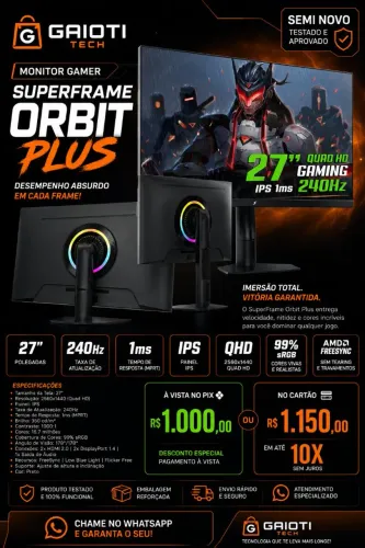 Monitor Gamer SuperFrame Orbit Plus 27" QHD 240Hz - Semi Novo