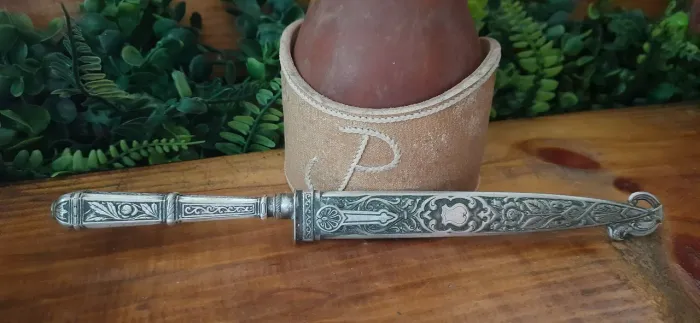 Faca eberle prateada antiga bainha faisão 25cm total