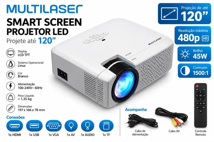 Projetor Multilaser Smart Screen LED 120? 480p HDMI USB VGA + Controle
