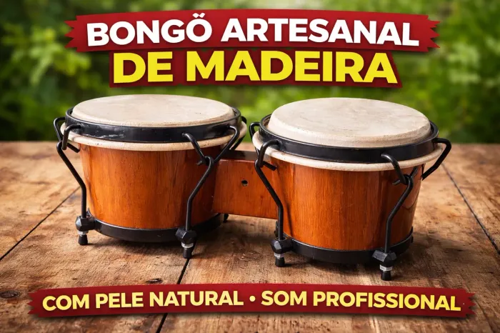 Bongô Artesanal de Madeira com Pele Natural - Som Profissional