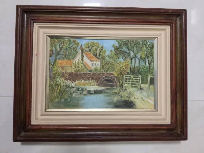 Quadro pintura sobre tela a óleo em moldura de madeira