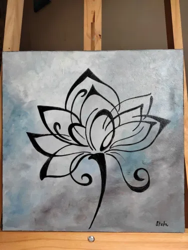 Quadro Flor de Lótus fundo azul pintura em tela