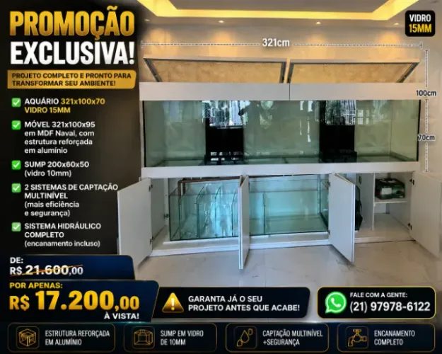 Aquário 321x100x70 - Vidro 15mm COMPLETO 