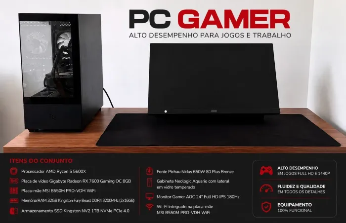 PC Gamer Ryzen 5 5600X + RX 7600 + 32GB RAM + SSD 1TB + Monitor 180Hz