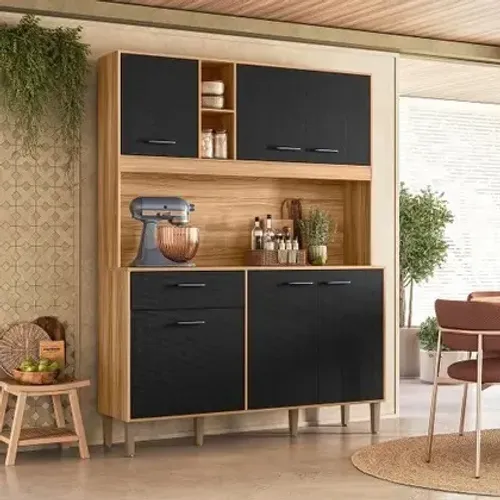 Cozinha Compacta Erva Doce 140 6 Portas 1 Gaveta Freijó/Preto Esfera - Nicioli - Multi Móv
