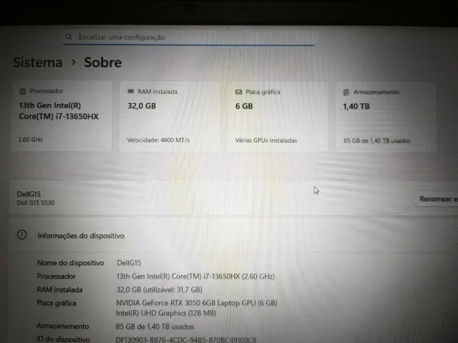 Dell G15 I7 RTX 3050 1.5Tb 32Gb Ram 15 Pol