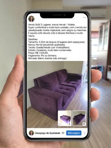 Sofá 3 lugares, marca Herval, cor violeta, super confortável, tecido veludo / suede