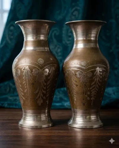 Par de Vasos Indianos Antigos em Latão Maciço - 17cm / 740g