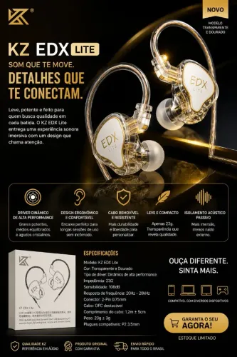 KZ EDX Lite Transparente Dourado Original | Grave Forte Hi-Fi