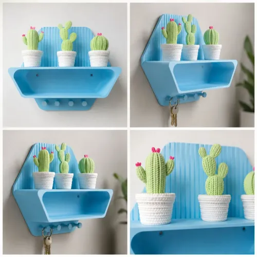 Porta-Chaves Organizador de Parede com Prateleira e Cactos Decorativos