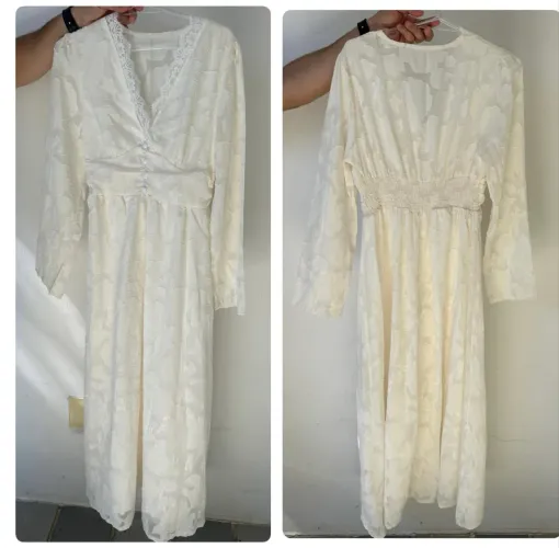 vestido midi branco com renda e mangas longas