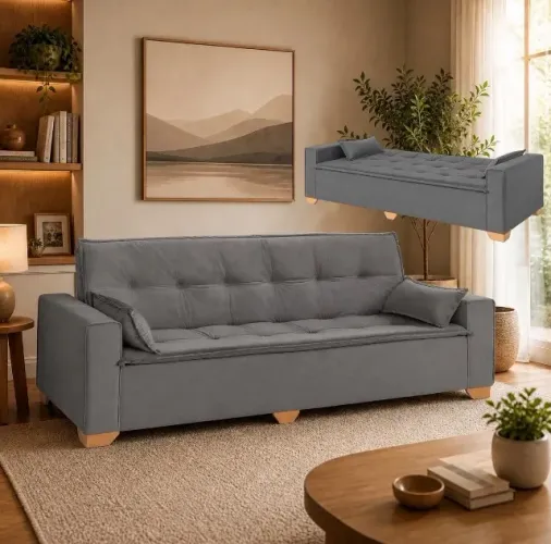 Sofá Cama Oslo 2,18m Veludo Cinza