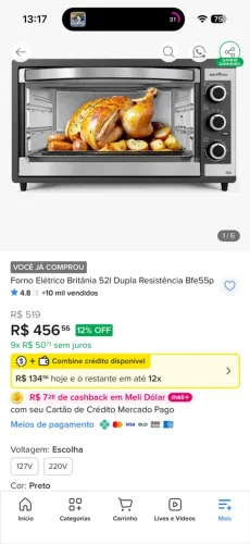 Forno elétrico Britânia 52l dupla resistência