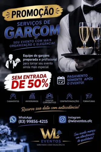 PROMOÇÃO SERVIÇO DE GARÇOM SEM ENTRADA DE 50%