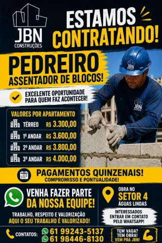 PRECISAMOS DE PEDREIRO ASSENTADOR DE BLOCOS