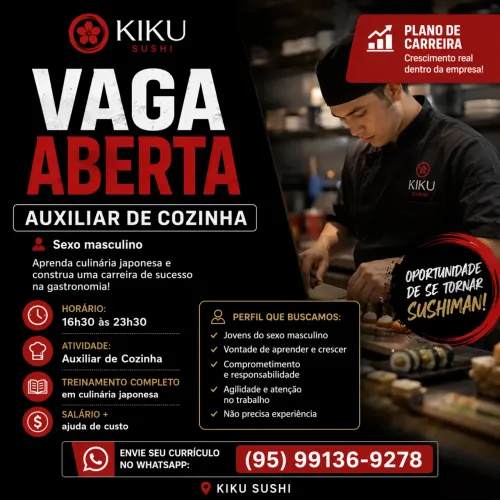Vaga Auxiliar de Cozinha (Aprenda Sushi + Plano de Carreira)