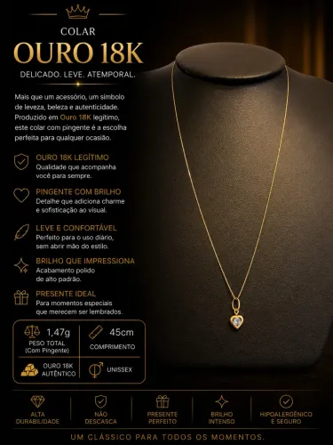 Colar Ouro 18K com Pingente Coração - 45cm - 1,47g - Unissex