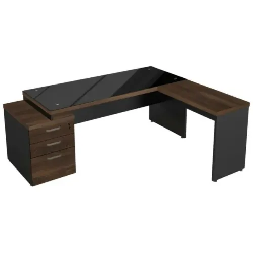 Mesa Pedestal Vidro Fumê com Mesa Auxiliar 1,92×1,60m Marsala Preto Moderna 23486
