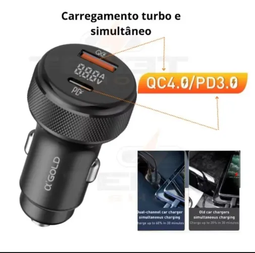 Carregador de carro Turbo 55W 2 portas QC4.0/PD3.0