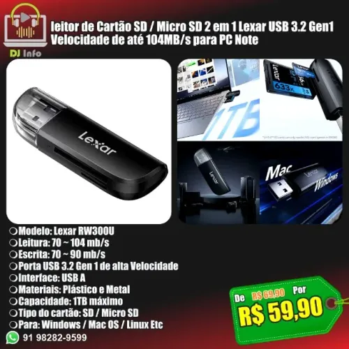 leitor de Cartão SD / Micro SD 2 em 1 Lexar USB 3.2 Gen1 Velocidade de até 104MB/s para PC