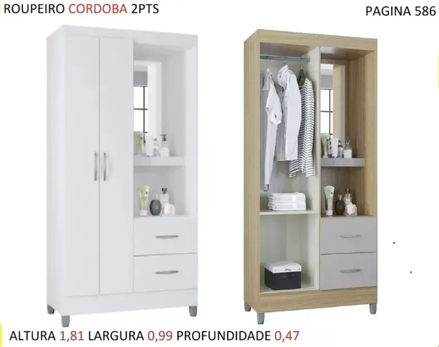 Guarda roupa solteiro 2 portas com espelho 
